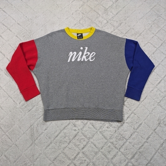 Nike Sweatshirt Women's M Gray Red Blue Colorblock Crew Fleece 80’s Retro - Picture 1 of 7